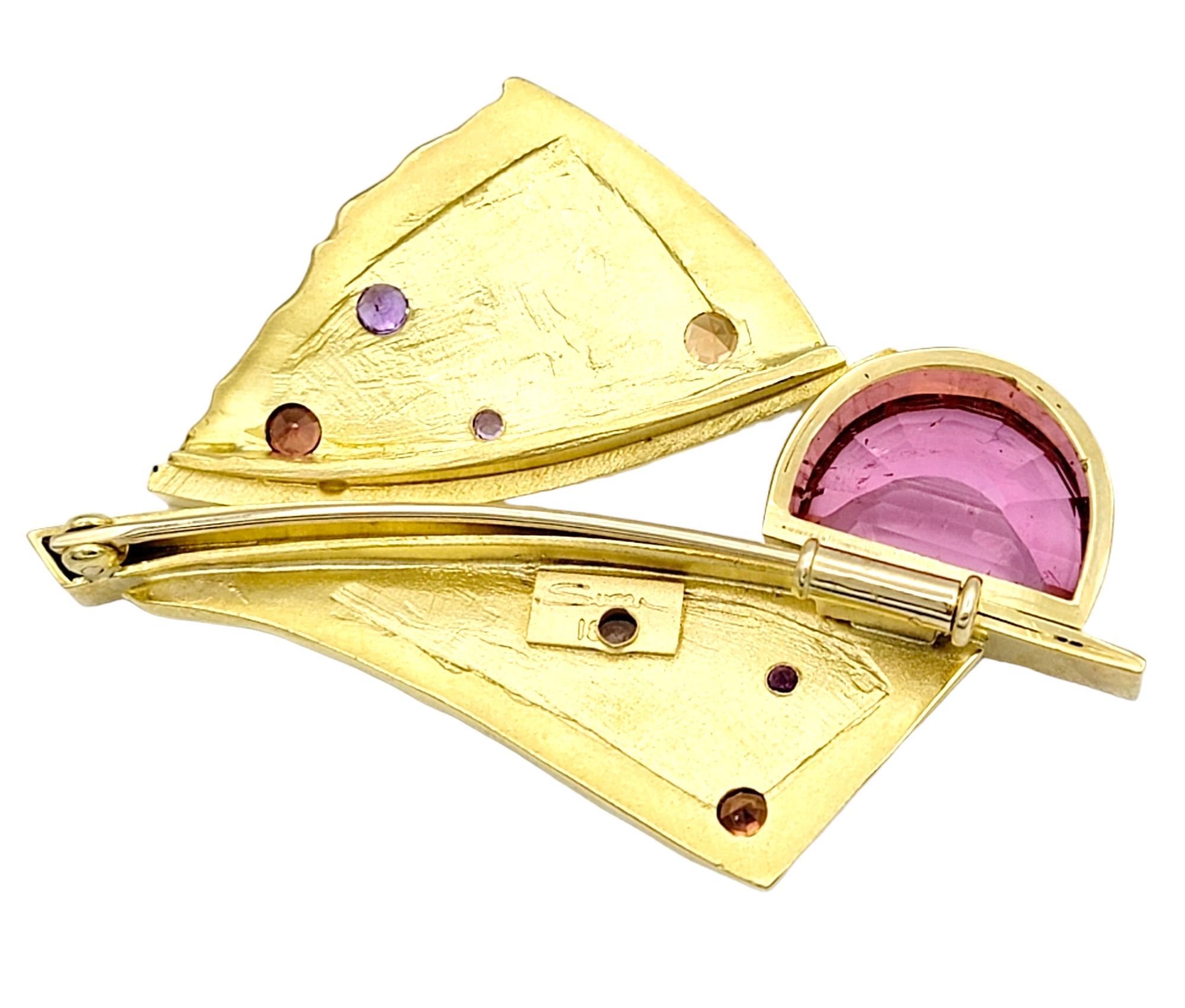 Half Moon Cut Susan Helmich Pink Tourmaline and Multi-Color Sapphire Brooch in 18 Karat Gold For Sale