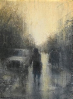 68th Street I (Abstracted Figurative Watercolor Drawing of Figure in a City)