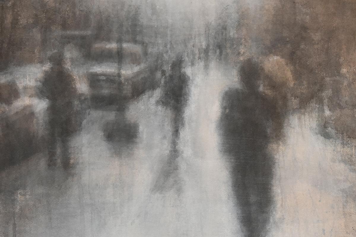 68th Street II (Abstracted Figurative Watercolor Painting of Walking Figures) - Gray Figurative Painting by Susan Hope Fogel
