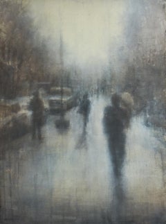 68th Street II (Abstrahierte figurative Aquarellmalerei von gehenden Figuren)