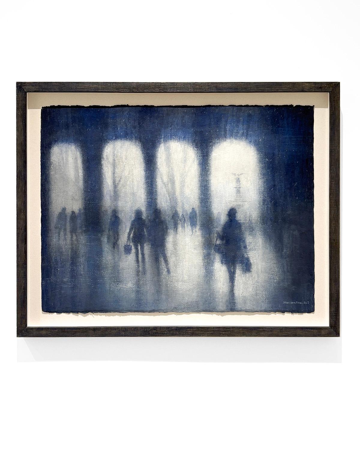 Belvedere Fountain (Blue Grey Cityscape with Impressionistic Figures) - Art by Susan Hope Fogel