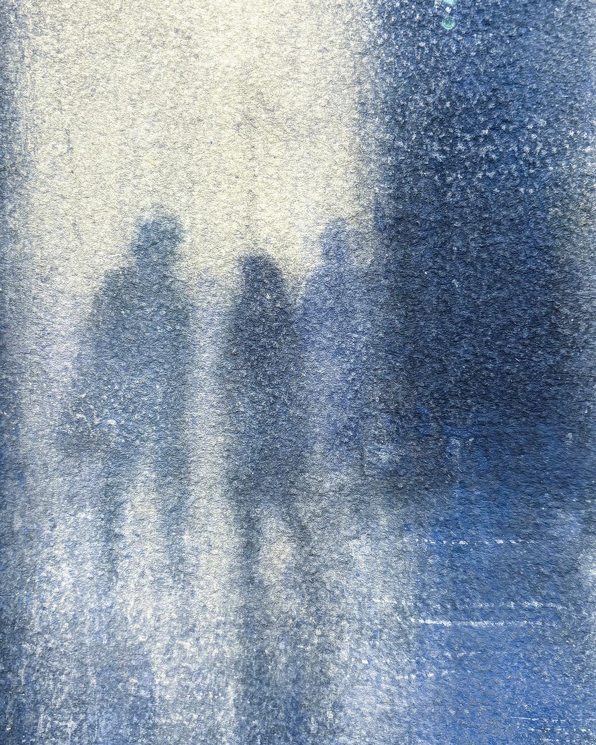 Belvedere Fountain (Blue Grey Cityscape with Impressionistic Figures) - American Impressionist Art by Susan Hope Fogel