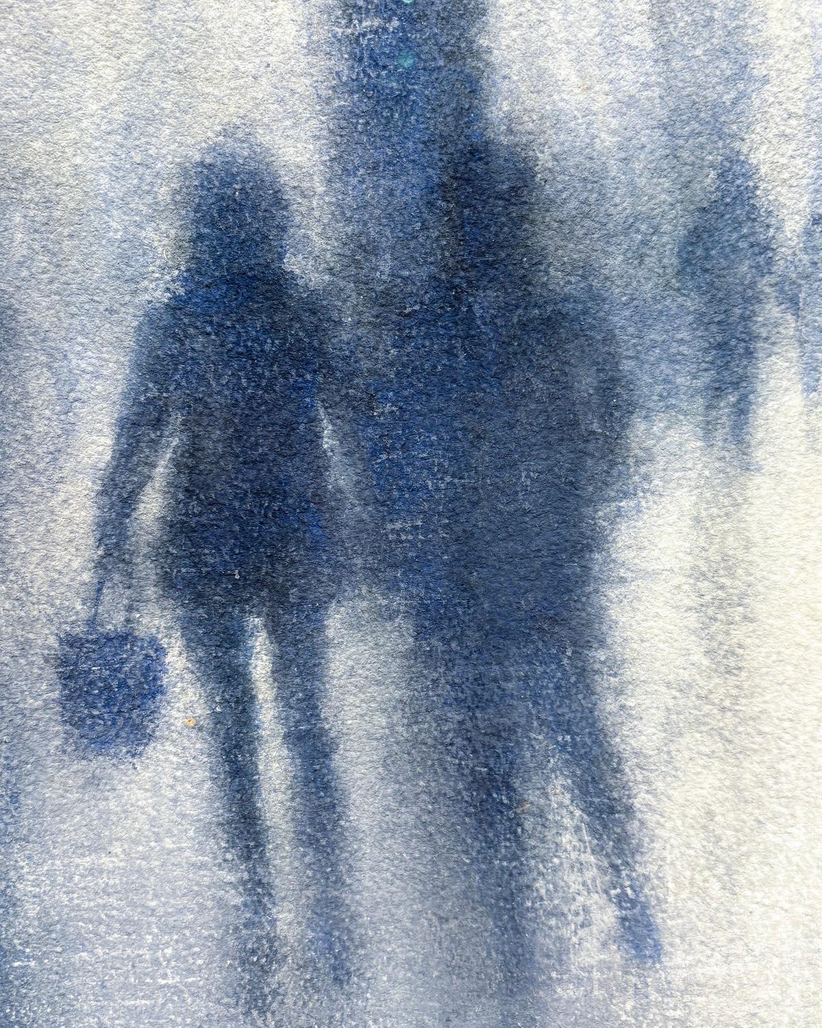 Belvedere Fountain (Blue Grey Cityscape with Impressionistic Figures) - Purple Figurative Art by Susan Hope Fogel