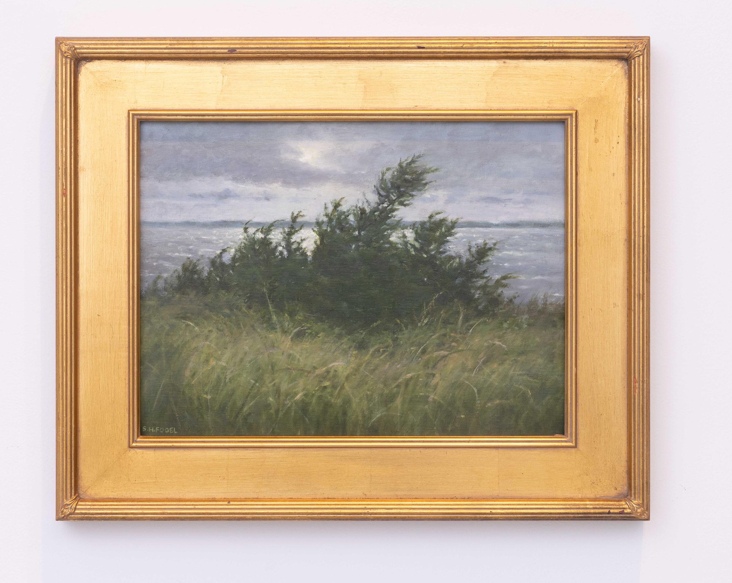 Breezy Morning (klassisch-realistische Öllandschaft von Louse Point, Hamptons, NY) (Braun), Landscape Painting, von Susan Hope Fogel