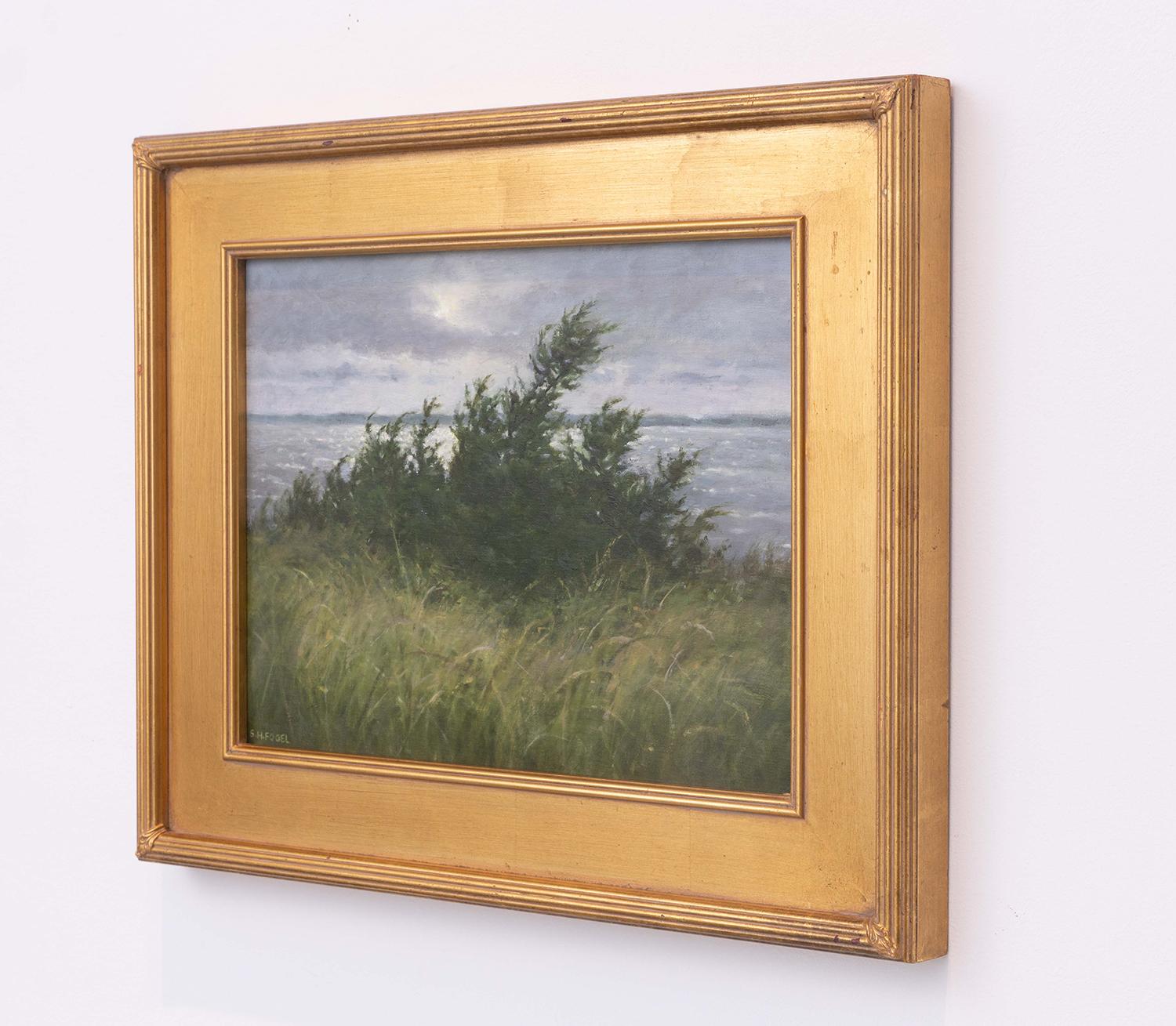 Breezy Morning (Classical Realist Oil Landscape of Louse Point, Hamptons, NY) - Brown Landscape Painting by Susan Hope Fogel