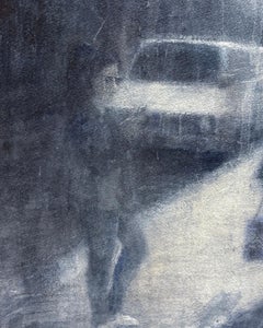 Family Time (Blue Grey Watercolor Cityscape with Impressionistic Family Figures)