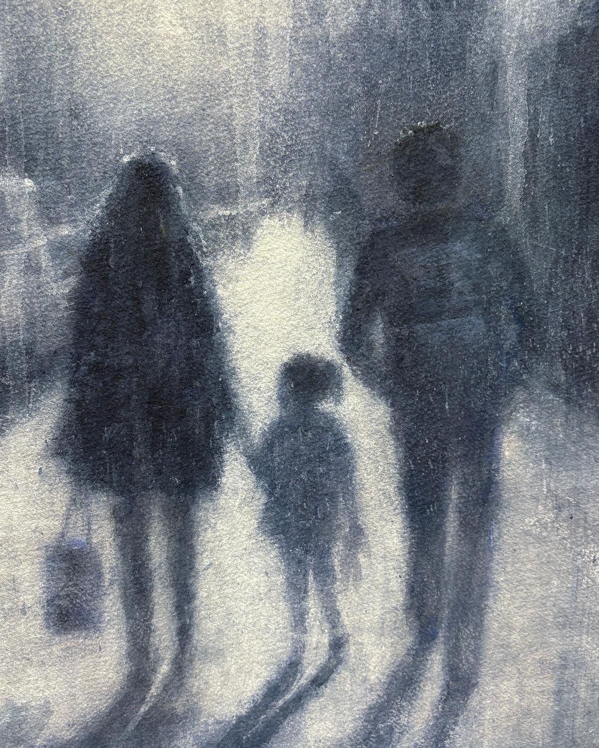 Tiempo de familia (Paisaje urbano en acuarela azul grisácea con figuras familiares impresionistas) - Art Contemporáneo de Susan Hope Fogel