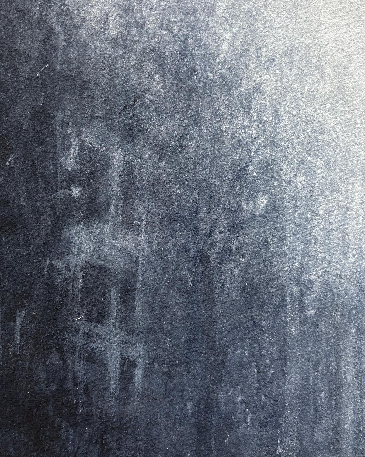 Tiempo de familia (Paisaje urbano en acuarela azul grisácea con figuras familiares impresionistas) - Figurative Art Negro de Susan Hope Fogel