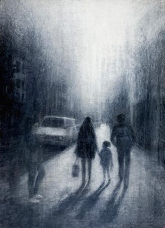 Tempo di famiglia (paesaggio urbano acquerellato blu e grigio con figure di famiglia impressioniste)