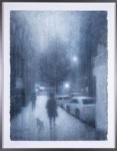 Foggy City Night (Expressionst Cityscape Watercolor Figure & Dog on Sidewalk)