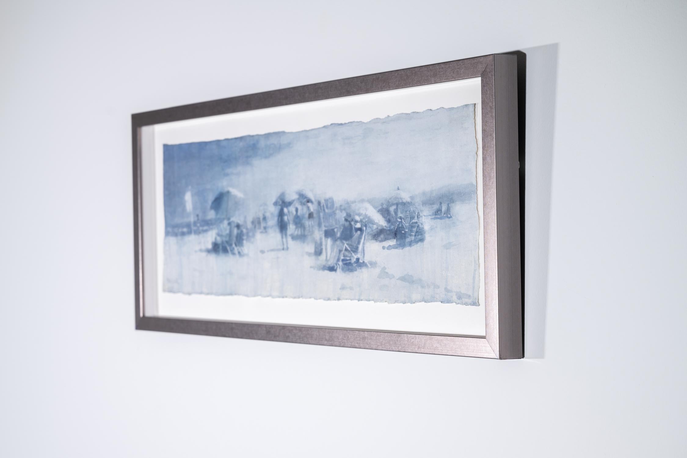 Jersey Shore (acquerello panoramico con figure sulla spiaggia), con cornice - Abstract Painting Viola di Susan Hope Fogel