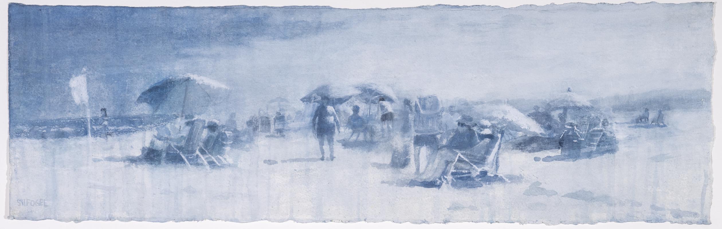 Jersey Shore (Whimsical Panoramic Watercolor of Figures at the Beach), Framed