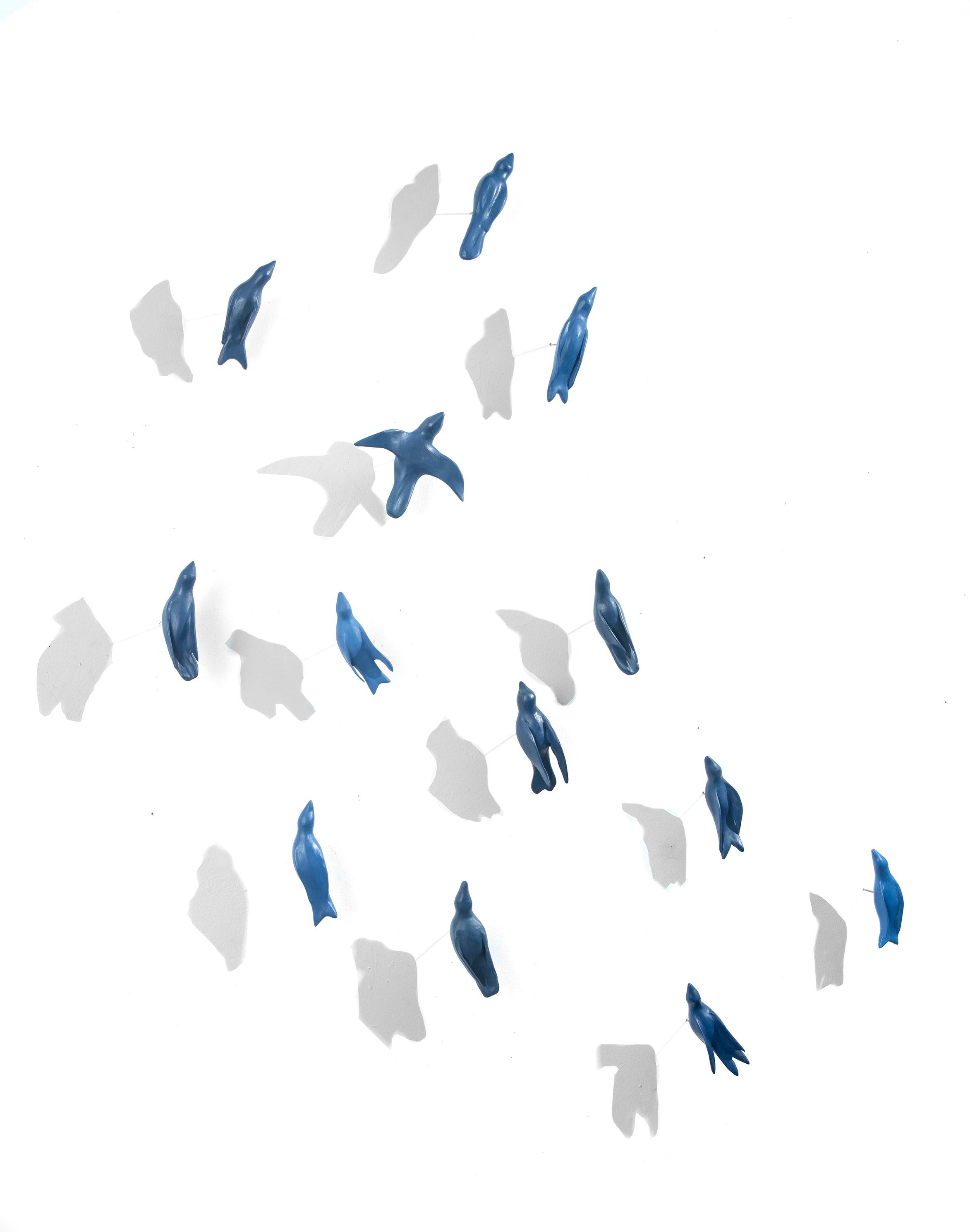 Susan Hostetler Figurative Sculpture - Shifting Migrations (13 Blue Birds)