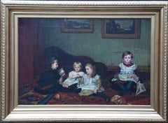 Interior - Children Playing - British Victorian children's portrait oil painting