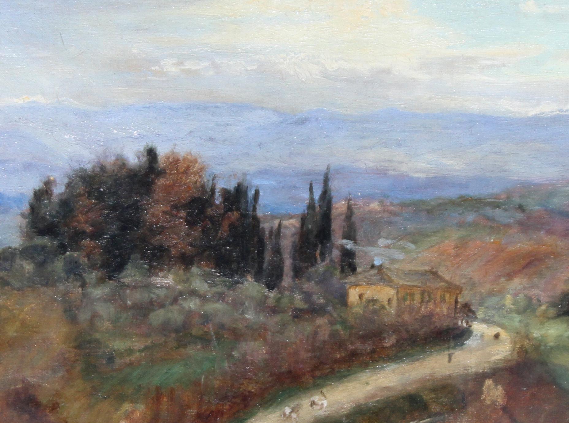 This Italian landscape is an oil on canvas, framed behind glass in its original gallery frame, by Susan Isabel Dacre. A superb painting, painted circa 1888. Dacre was an early member of the Feminist movement and a member of the Manchester arts
