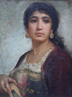 Portrait of Girl with Tambourine - British Victorian art oil painting Rome