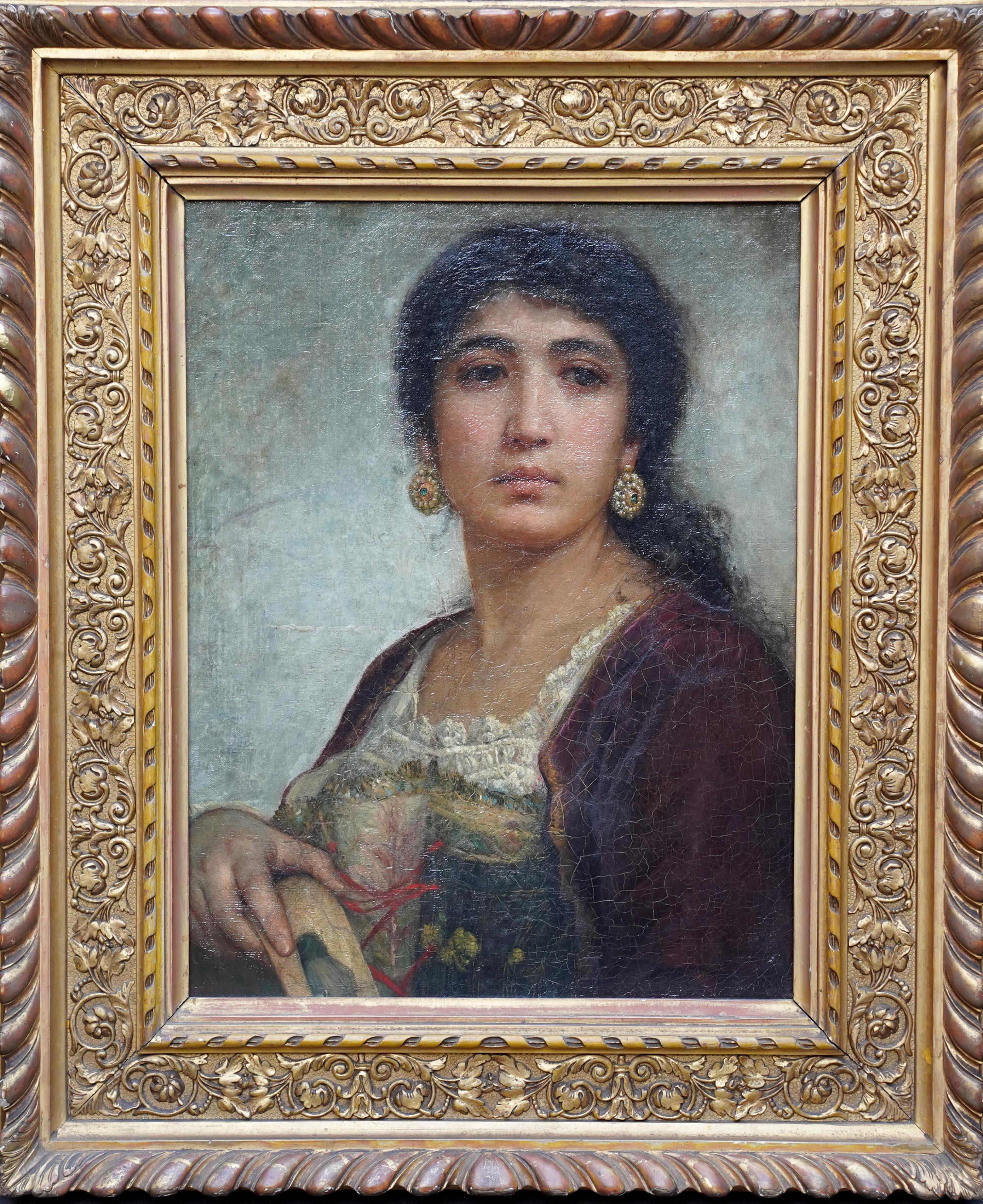 Porträt des Mädchens mit Tamburin - Britische viktorianische Kunst Ölgemälde Rom