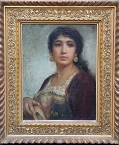 Portrait of Girl with Tambourine - British Victorian art oil painting Rome