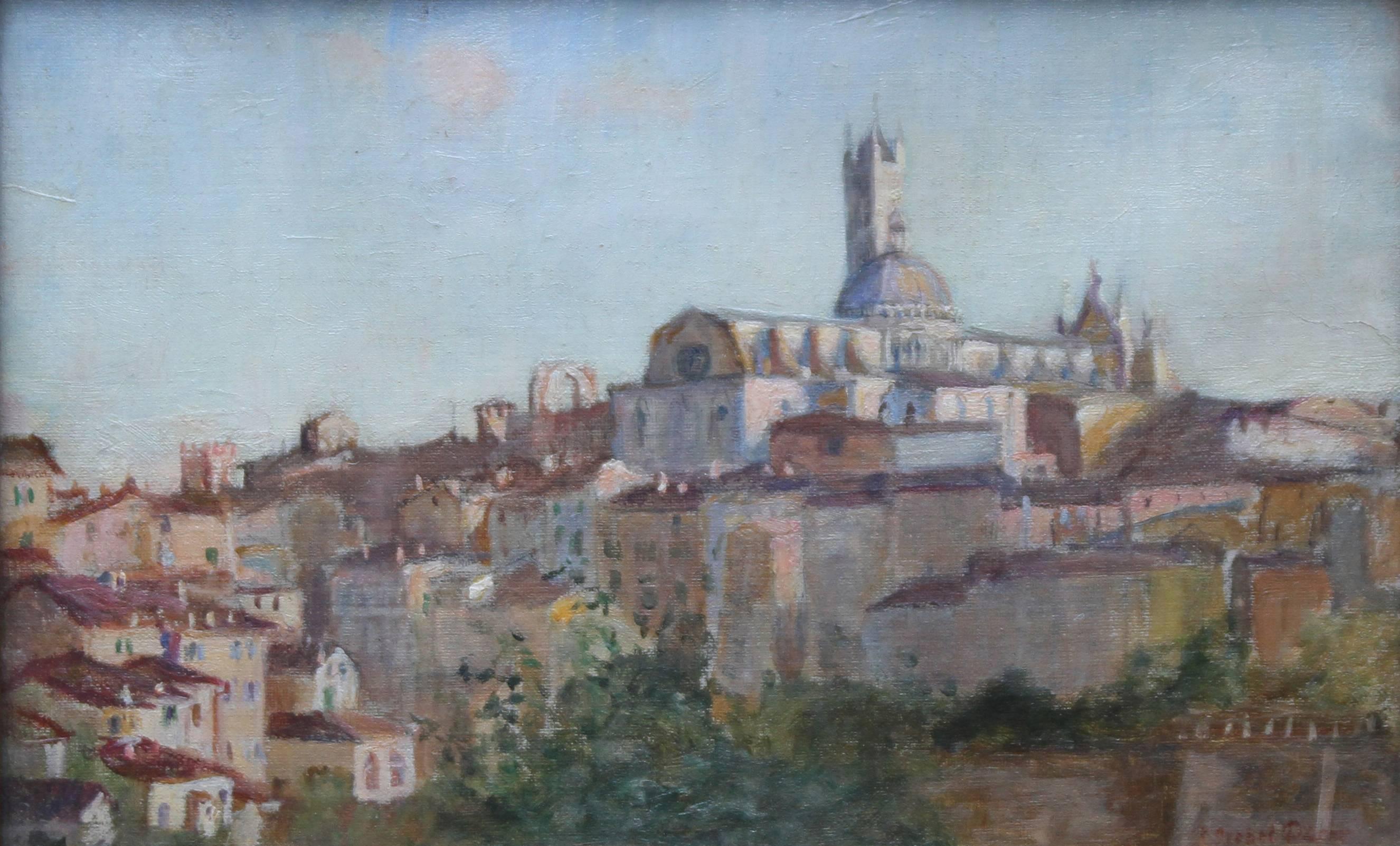 Sienne Italie - Peinture à l'huile impressionniste britannique du 19e siècle représentant un paysage urbain, femme - Painting de Susan Isabel Dacre