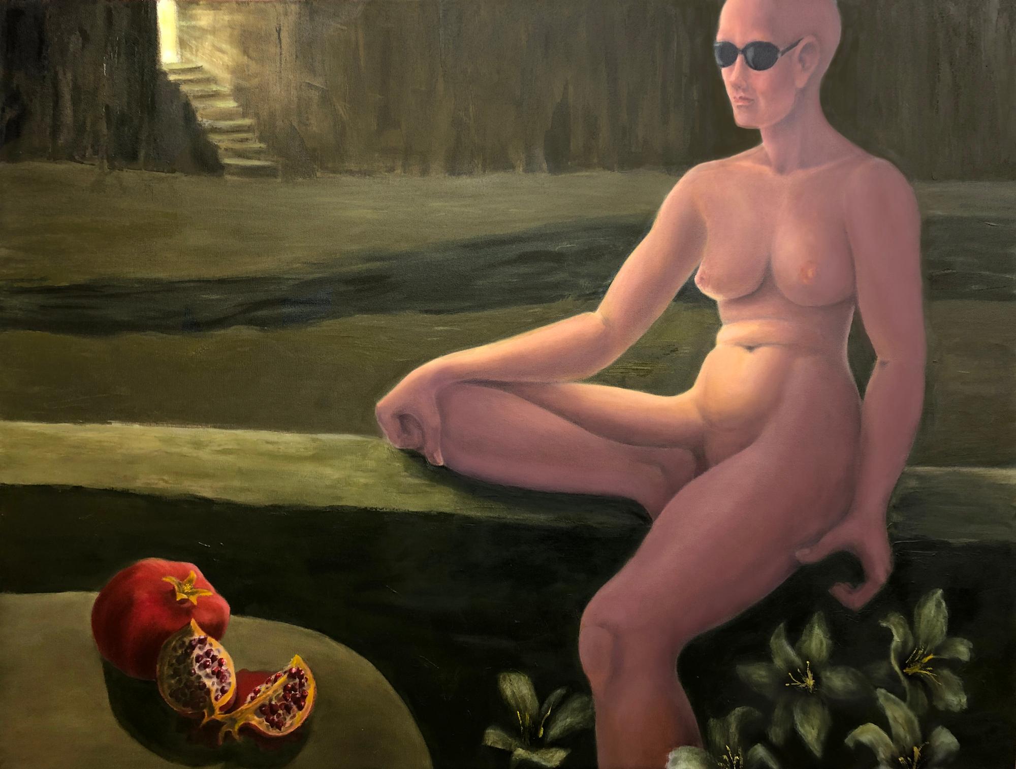 Susan Kiefer Still-Life Painting - Persephone's Choice (figurative, underground, pomegranate)