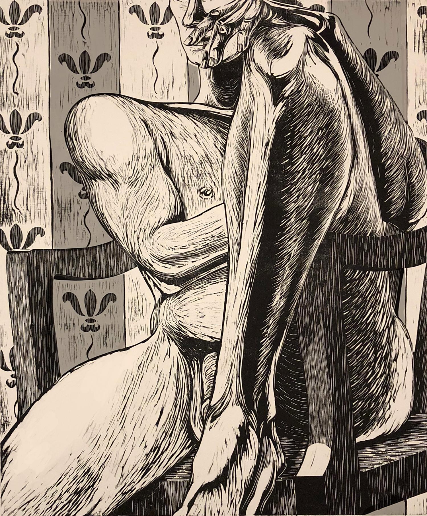 Susan Kiefer Nude Print - Rex (woodcut print, male figure, neutral colors, pattern)