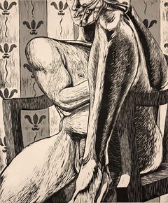 Rex (woodcut print, male figure, neutral colors, pattern)