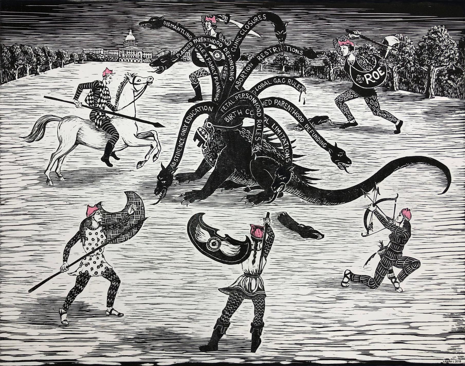Susan Kiefer Figurative Print - The Amazons and the Hydra (woodcut print, figurative, mythical, feminism)