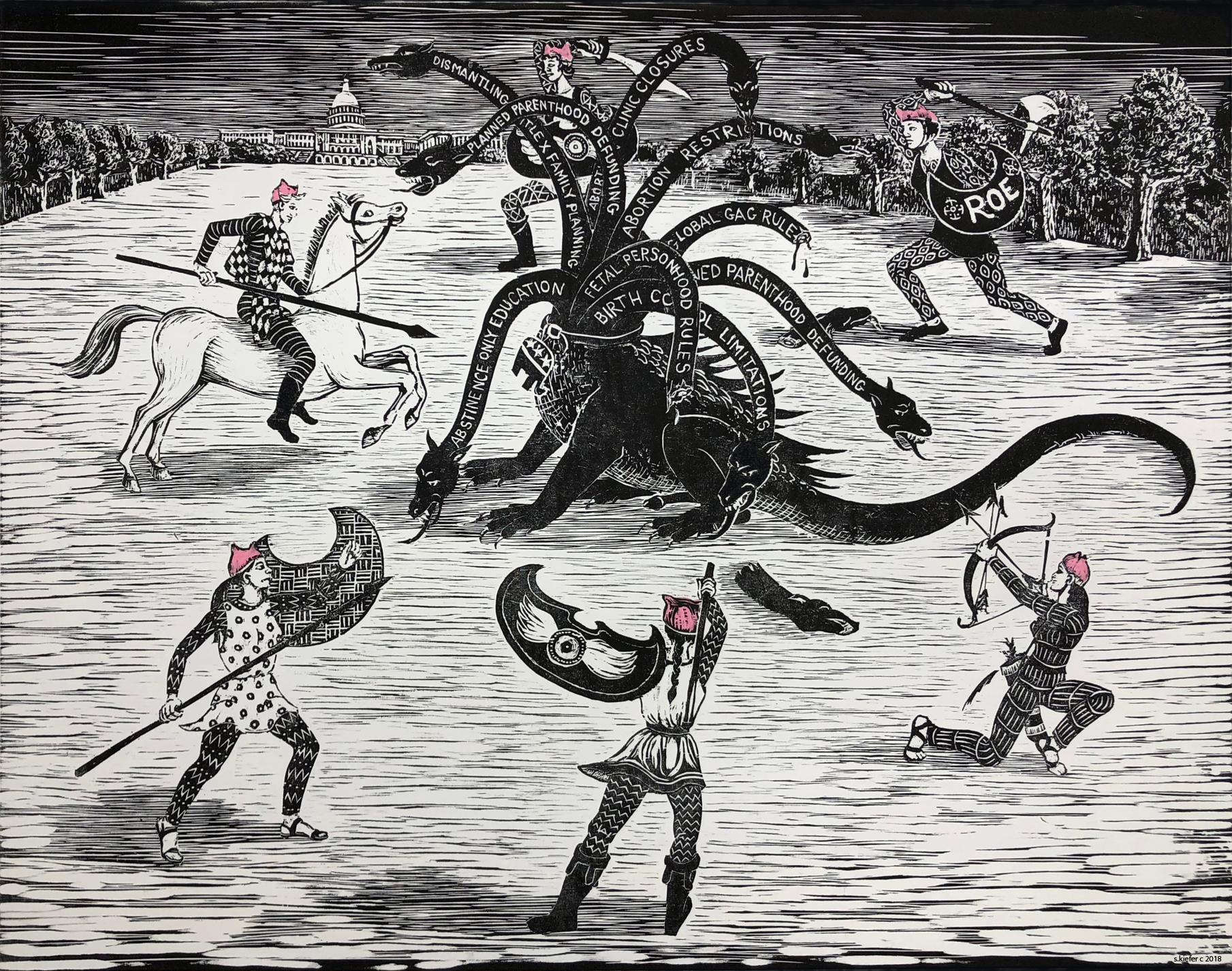Figurative Print di Susan Kiefer - Le Amazzoni e l'Idra (stampa xilografica, figurativa, mitica, femminismo)