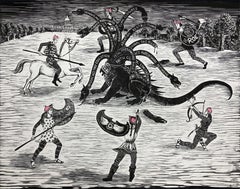 The Amazons and the Hydra (woodcut print, figurative, mythical, feminism)