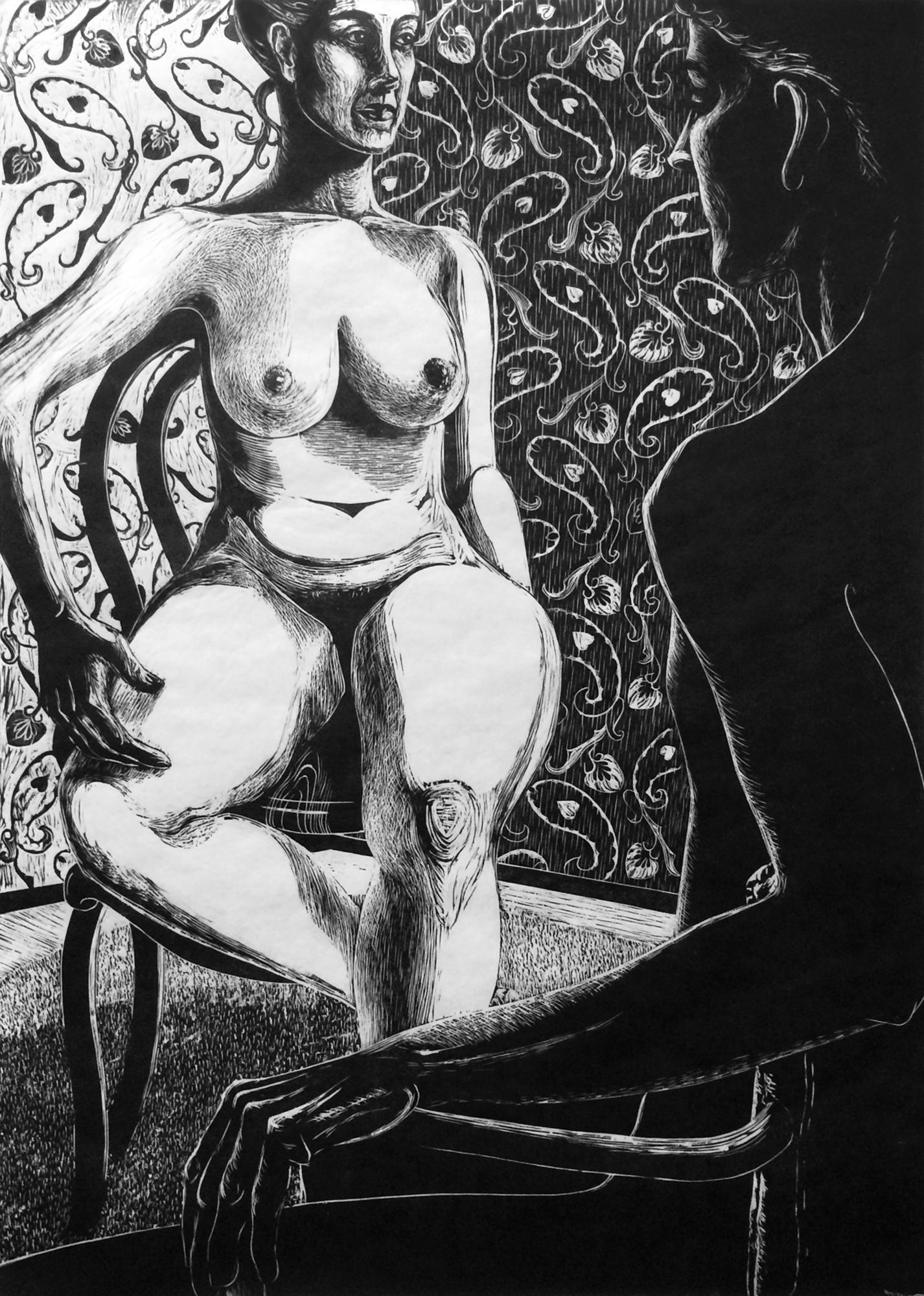 Susan Kiefer Portrait Painting - Yin Yang (woodcut, hand-pulled print, black and white, figurative, patterned BG)