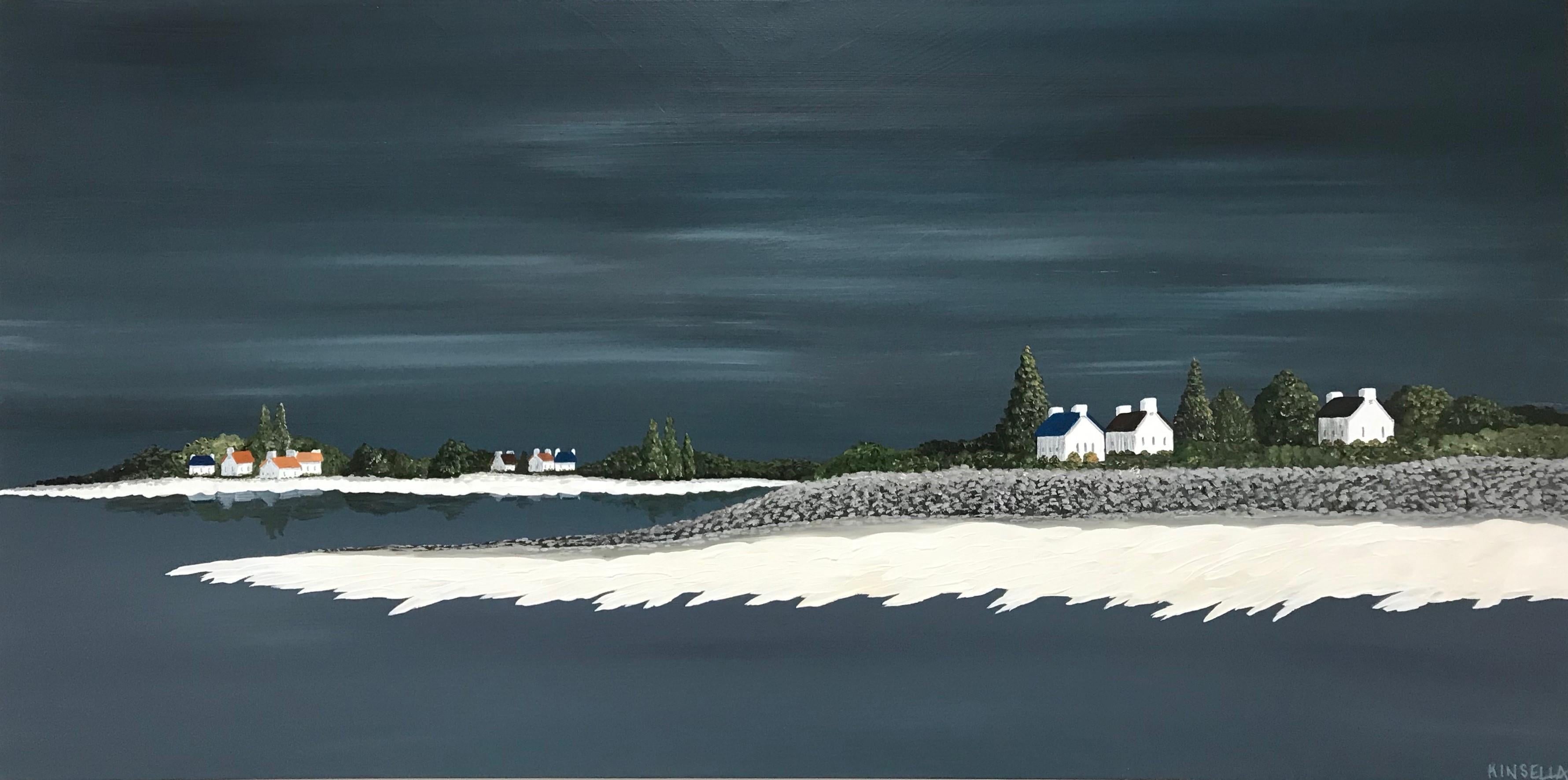 'Bay of Light' is a large horizontal contemporary acrylic on canvas coastal painting created by American artist Susan Kinsella in 2019. Featuring a dark palette made of blue grey, black and green colors beautifully contrasted with light cream tones,