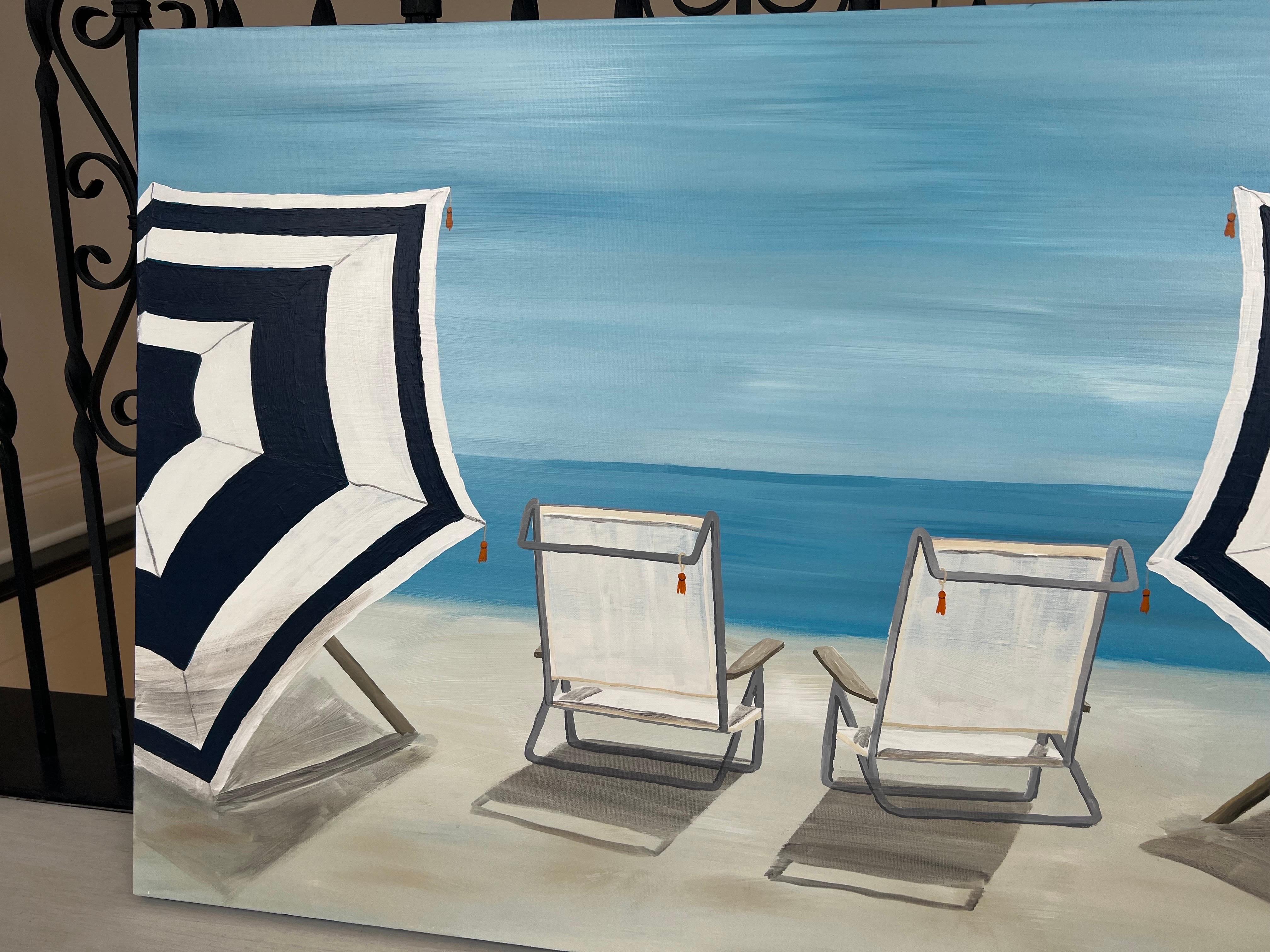 Beach Time by Susan Kinsella, Beach chairs in blue Acrylic on Canvas Painting 1