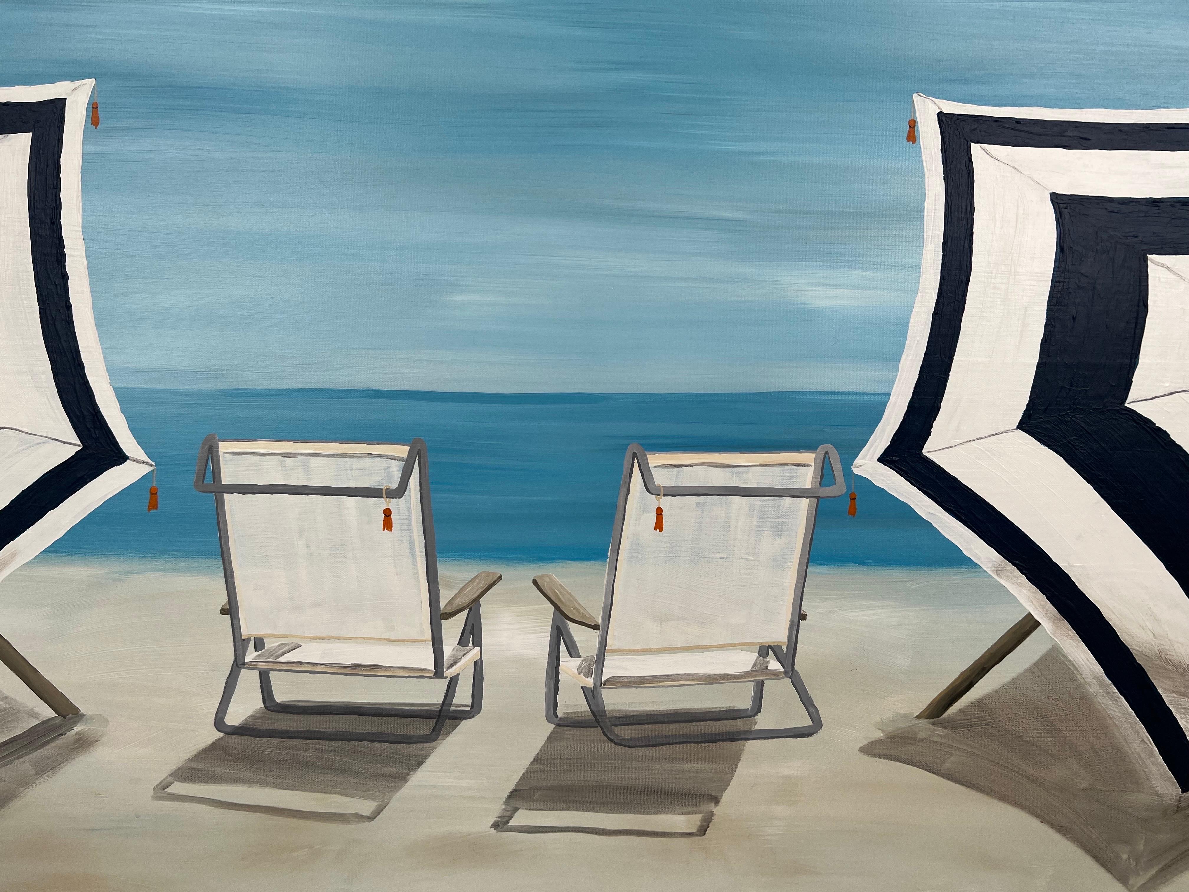 Beach Time by Susan Kinsella, Beach chairs in blue Acrylic on Canvas Painting 2