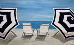 Tableau « Beach Time » de Susan Kinsella, chaises de plage en acrylique bleue sur toile