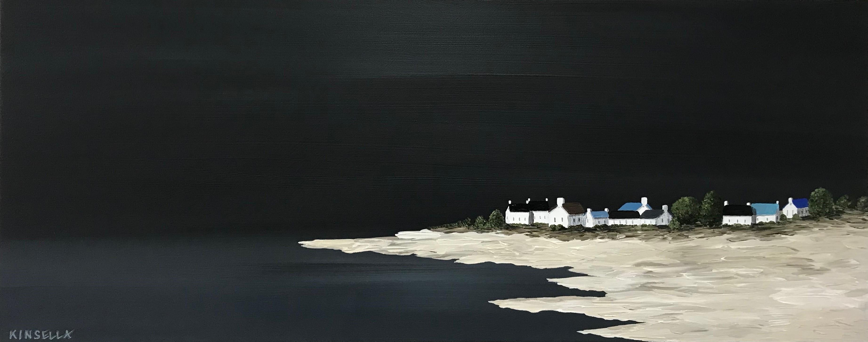 'By the Light of the Moon' is a medium size acrylic on gallery wrapped canvas seascape painting created by American artist Susan Kinsella in 2018.  Featuring a dark palette made of black and grey tones contrasting beautifully with the soft beige of