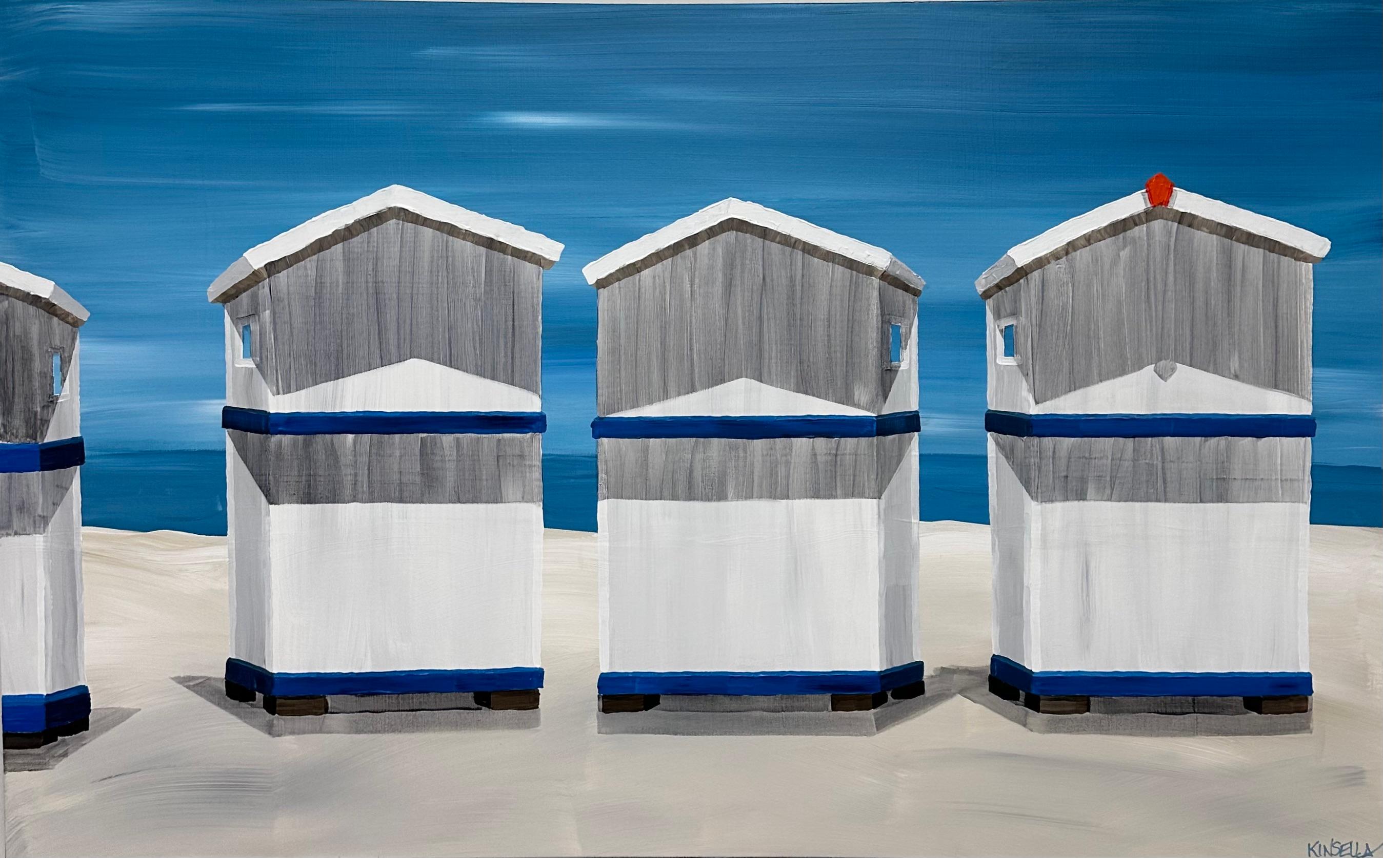 Cabines I von Susan Kinsella, Strand Acryl auf Leinwand Gemälde, Blau
