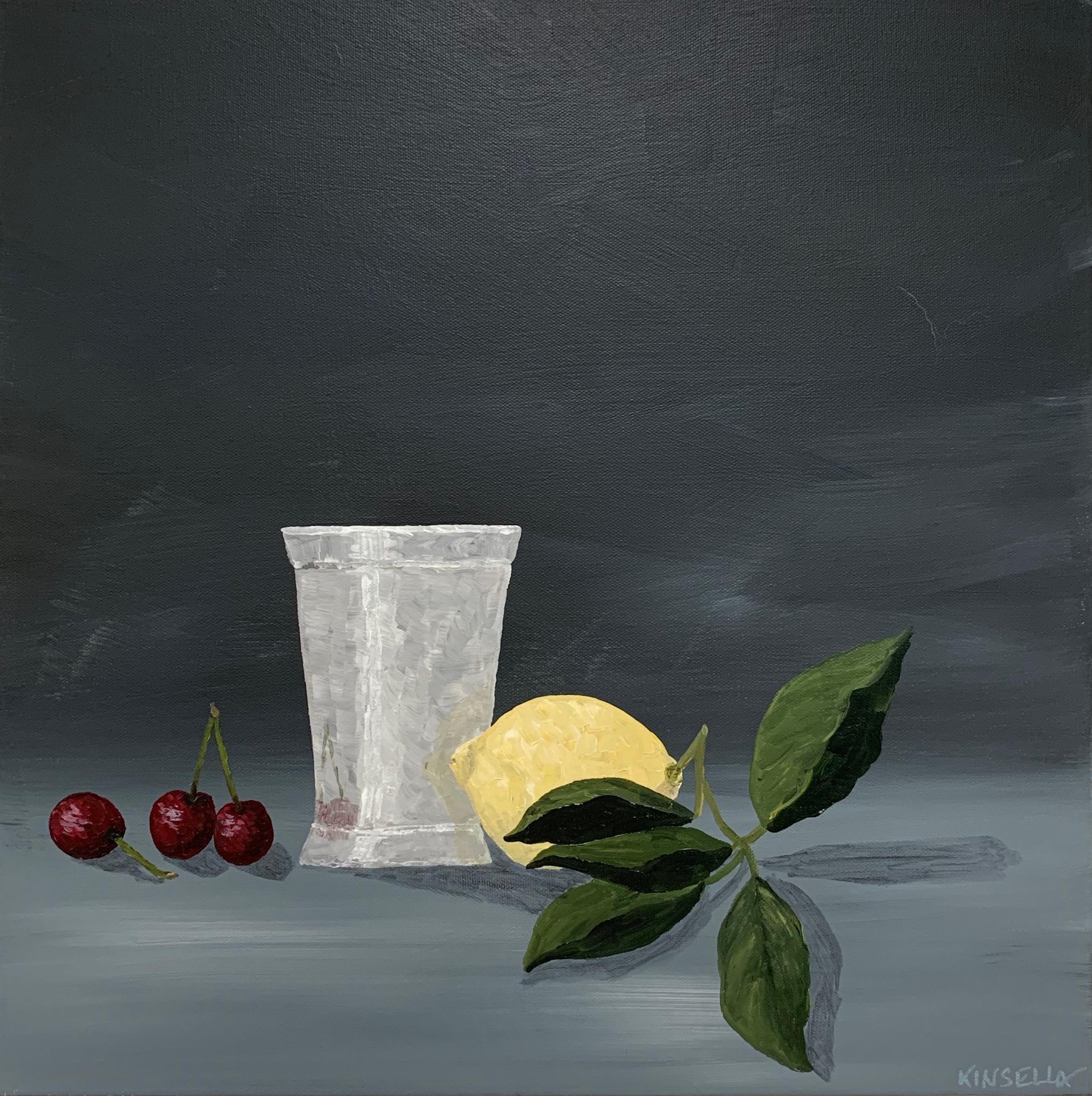 'Cherry Lemonade' is a small contemporary acrylic on canvas still-life painting created by American artist Susan Kinsella in 2019. Featuring a palette made of grey, white, green, red and yellow tones, the painting charms us with its minimalist