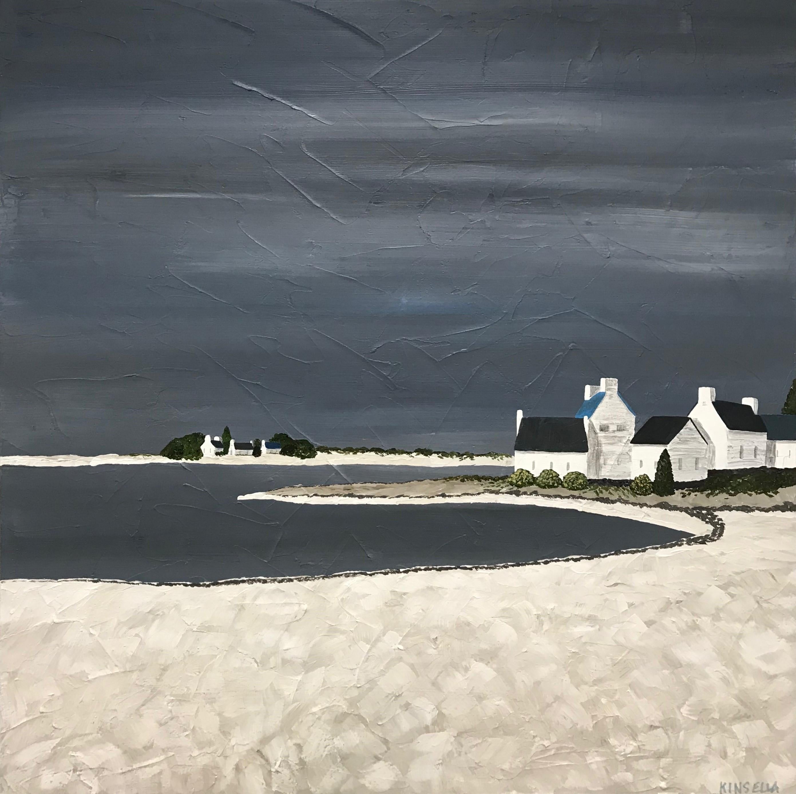 'Delicate Light' is a contemporary square-shaped medium size seascape painting created by American artist Susan Kinsella in 2018. Featuring a beautifully contrasting palette made of dark grey, beige and dark green, the painting showcases a perfectly