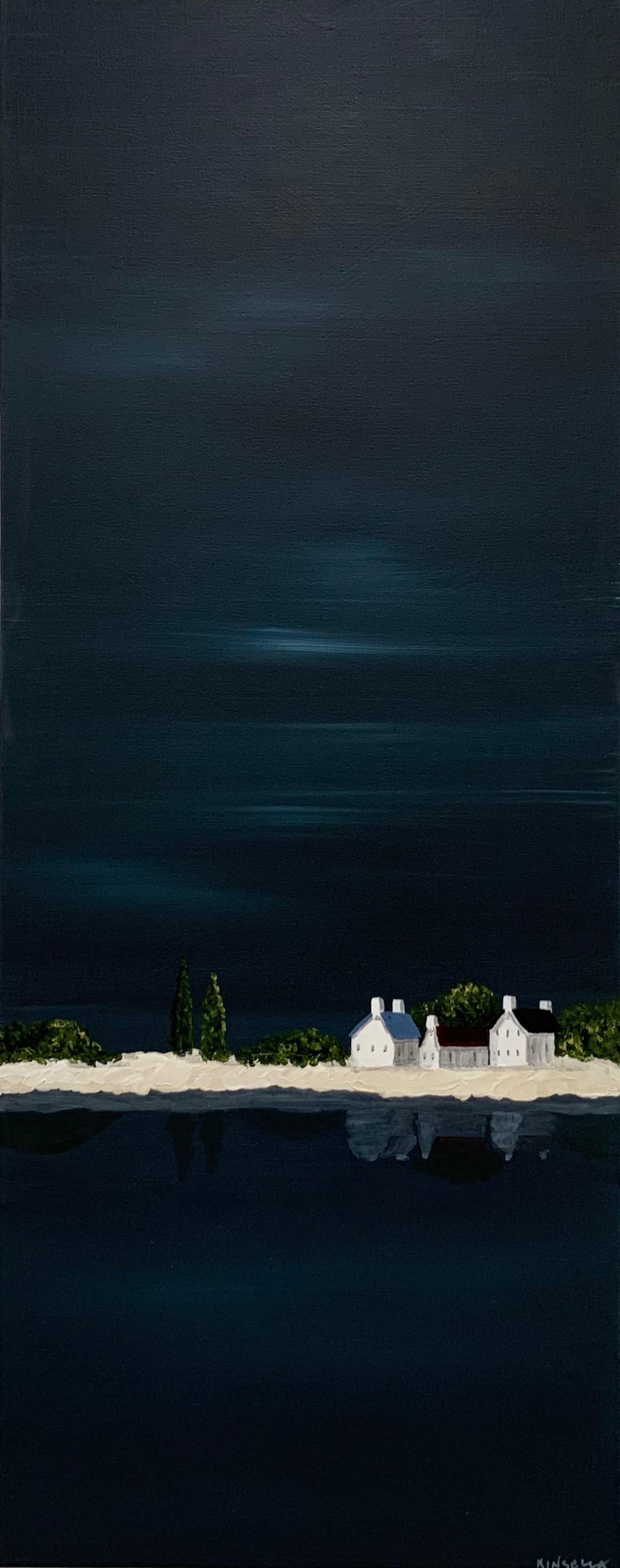 'Hamlet Reflected' is a tall and narrow contemporary minimalist acrylic on canvas coastal painting of vertical format, created by American artist Susan Kinsella in 2019. Featuring a strong palette made of dark blue, black, beige, white and dark