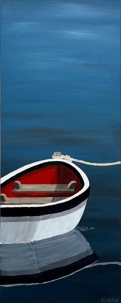 In Serenity von Susan Kinsella, Strand, Kanus Acryl auf Leinwand Gemälde, Blau