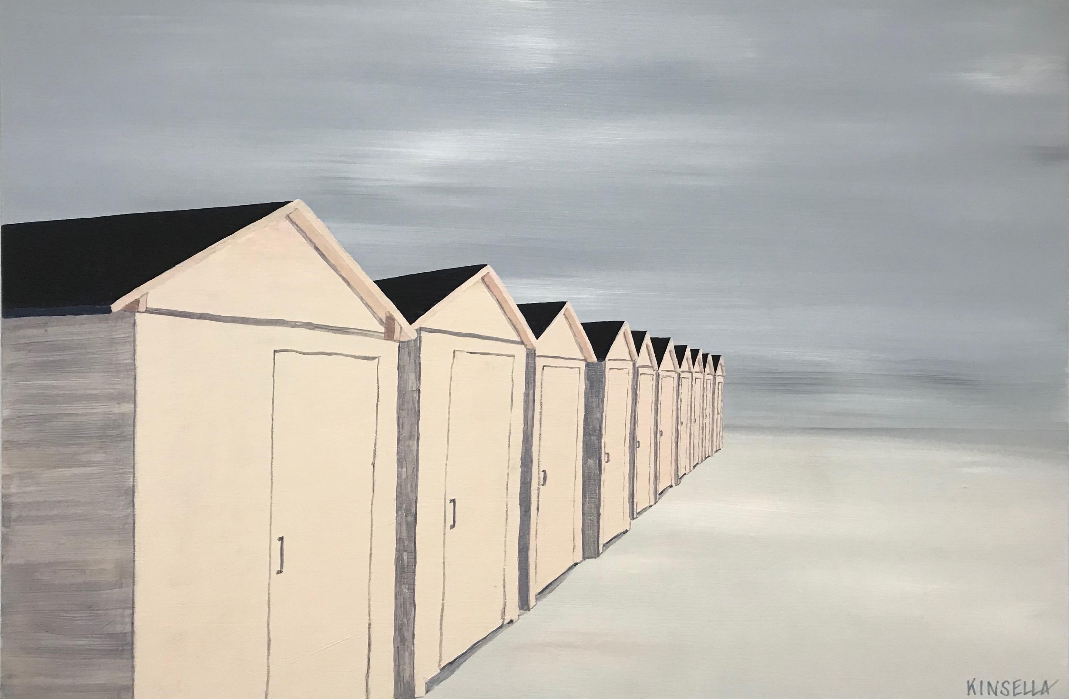 'La Couleur du Soir' is a realist horizontal oil on canvas beach painting created by American artist Susan Kinsella in 2018. Featuring a soft palette mostly made of beige, light grey and black color, the painting exudes an undeniable air of