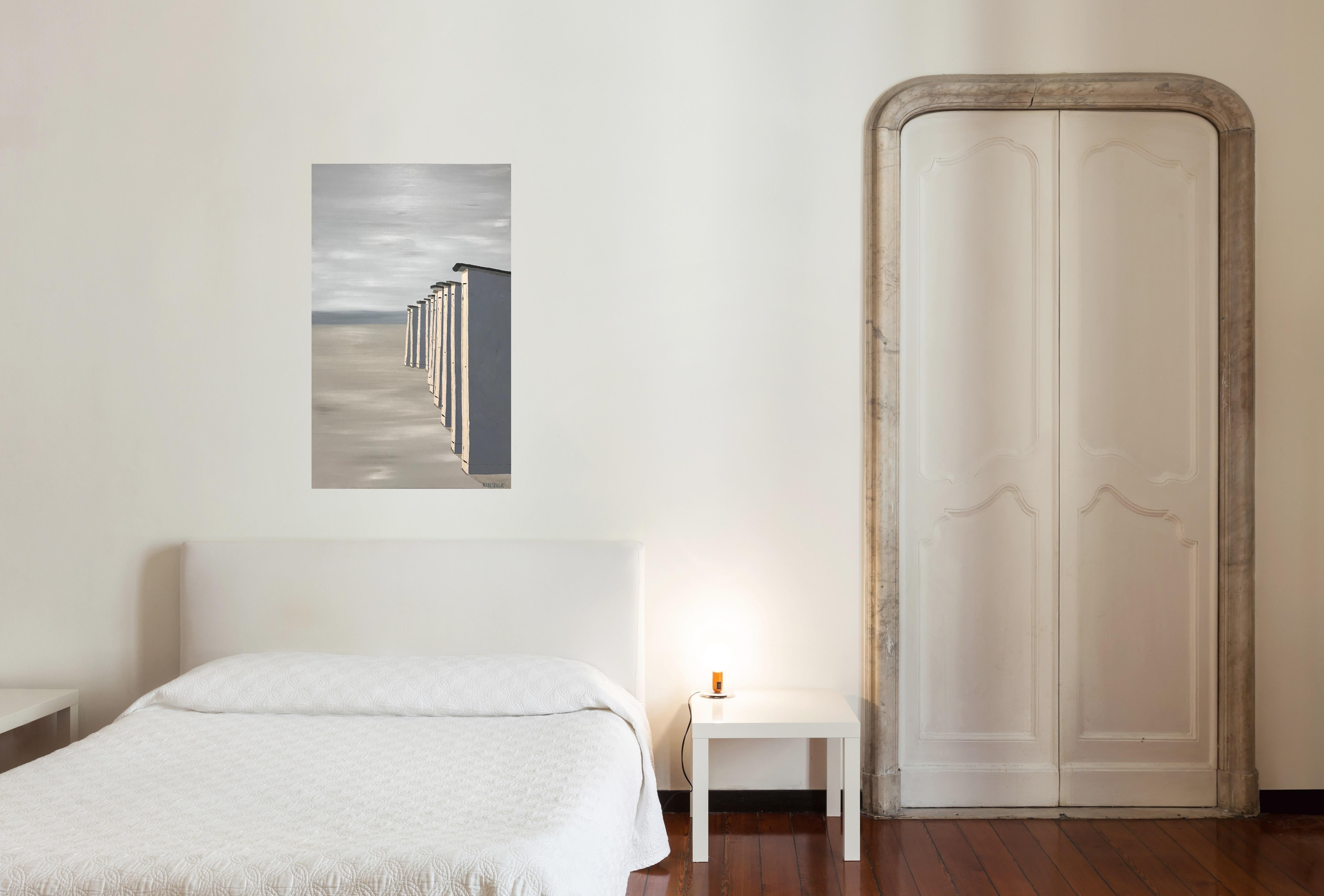 'Le Coucher du Soleil' is a vertical realist oil on canvas beach painting created by American artist Susan Kinsella in 2018. Featuring a soft palette mostly made of beige and grey colors accented by black highlights, the painting shows an