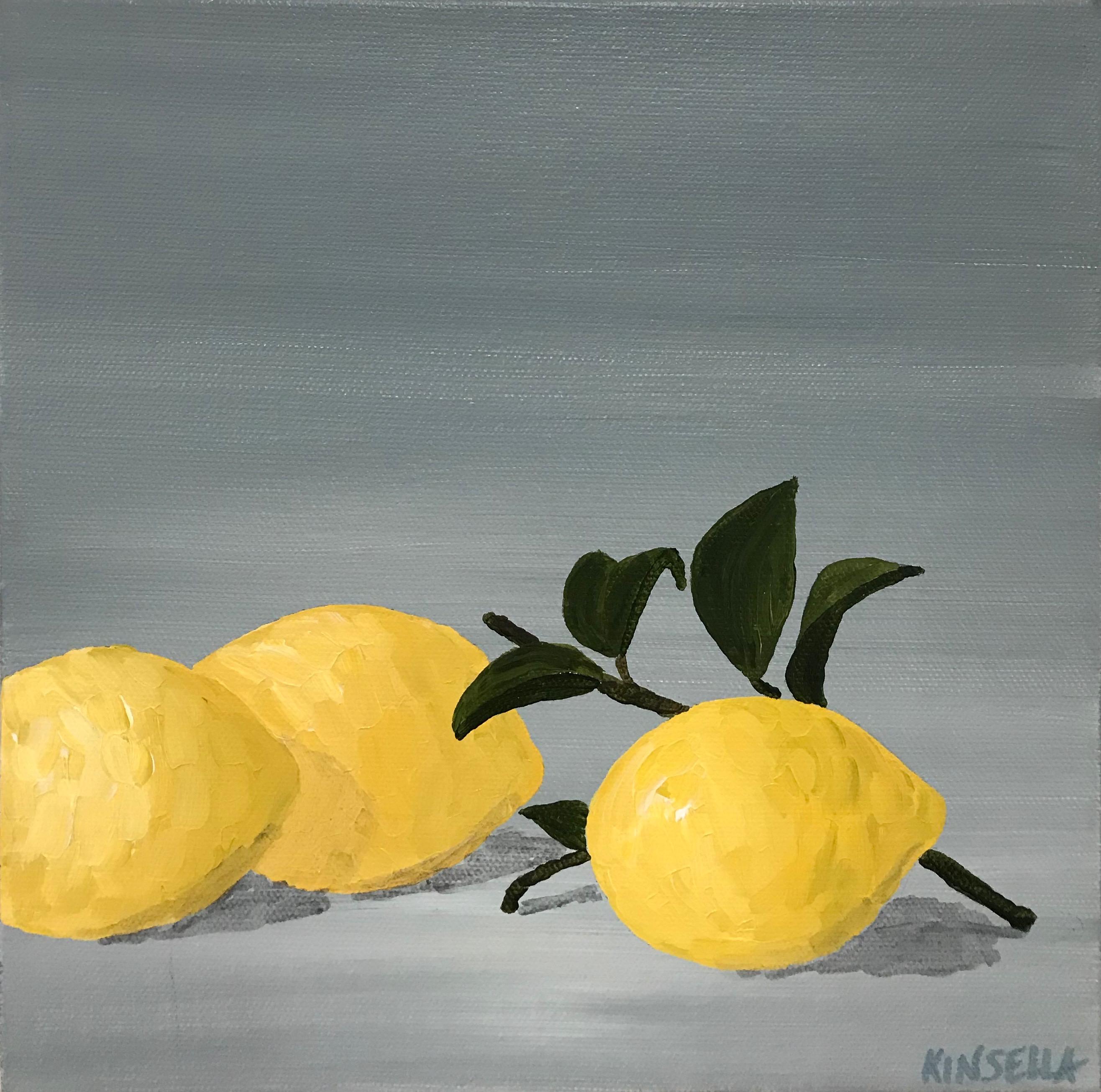 'Lemons I' is a small contemporary still-life acrylic on canvas painting created by American artist Susan Kinsella in 2018. Featuring a striking palette made of yellow and dark green standing out beautifully on a soft grey background, the painting
