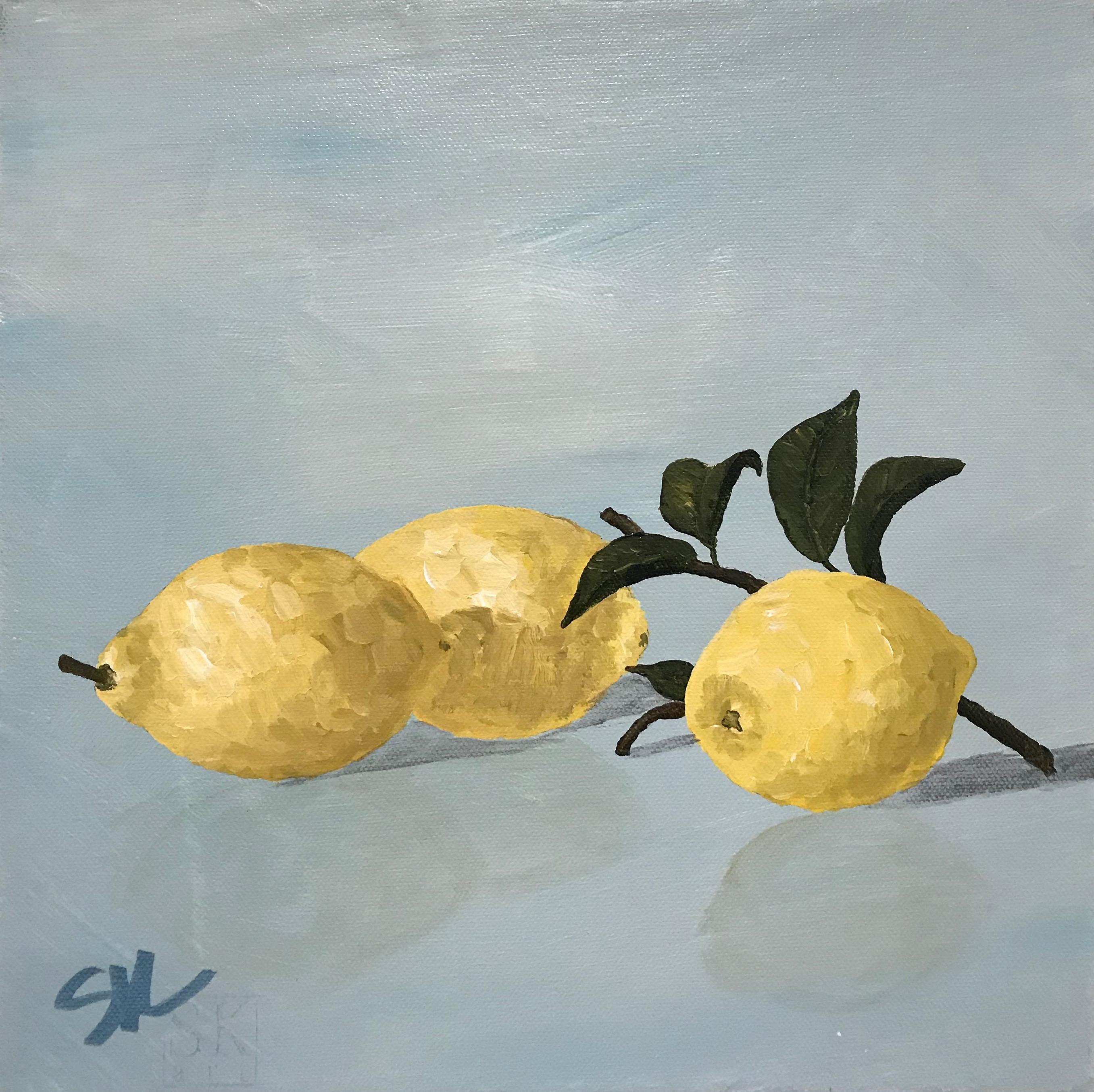 Susan Kinsella Landscape Painting – Lemons II, Small Square Contemporary Still Life on Canvas