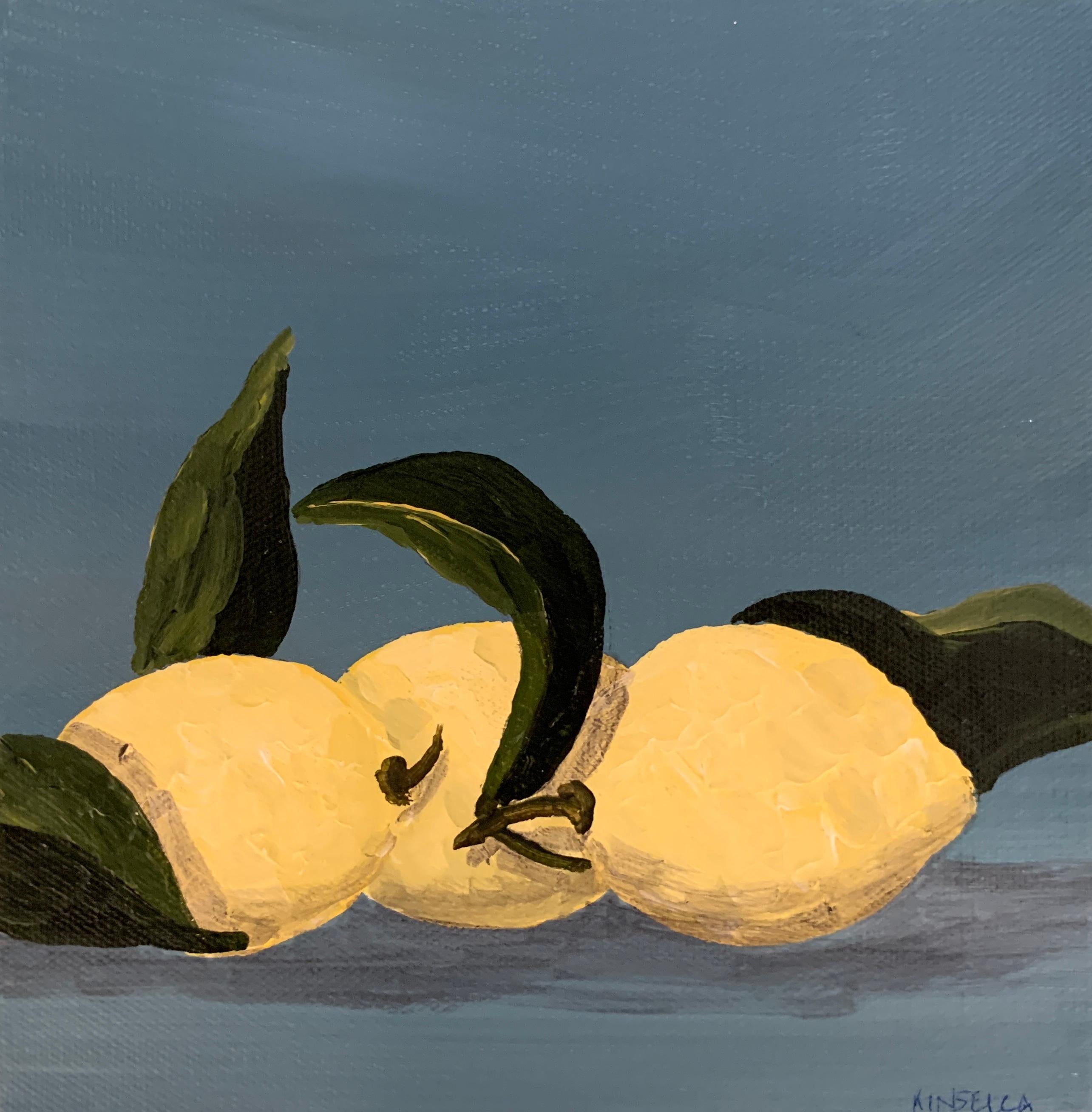 'Lemons IV' is a contemporary acrylic on canvas still-life painting created by American artist Susan Kinsella in 2019. Featuring a palette made of dark grey, yellow and green tones, the painting charms us with its minimalist treatment. Depicting