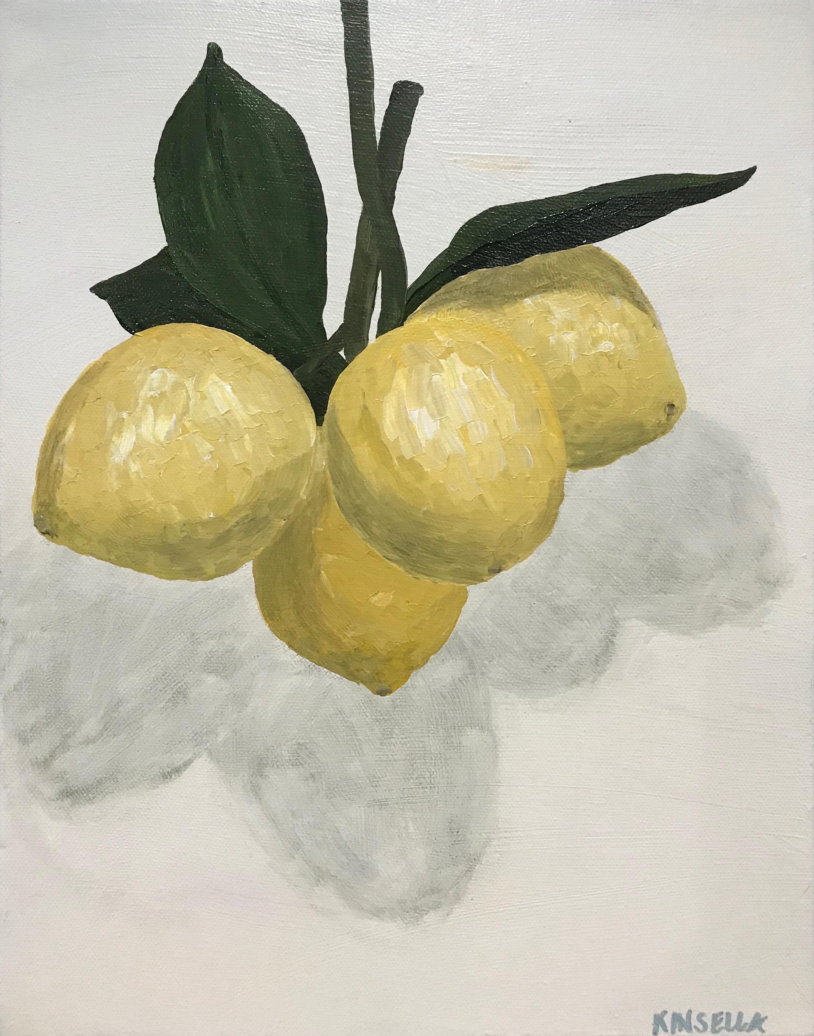 'Lemons Suspended' is a small vertical contemporary still-life acrylic on canvas painting created by American artist Susan Kinsella in 2018. Featuring a soft palette made of yellow and dark green standing out beautifully on a white background, the