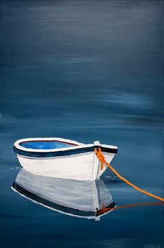 Peace of Water by Susan Kinsella, Beach, Canoe Acrylic on Canvas Painting, Blue