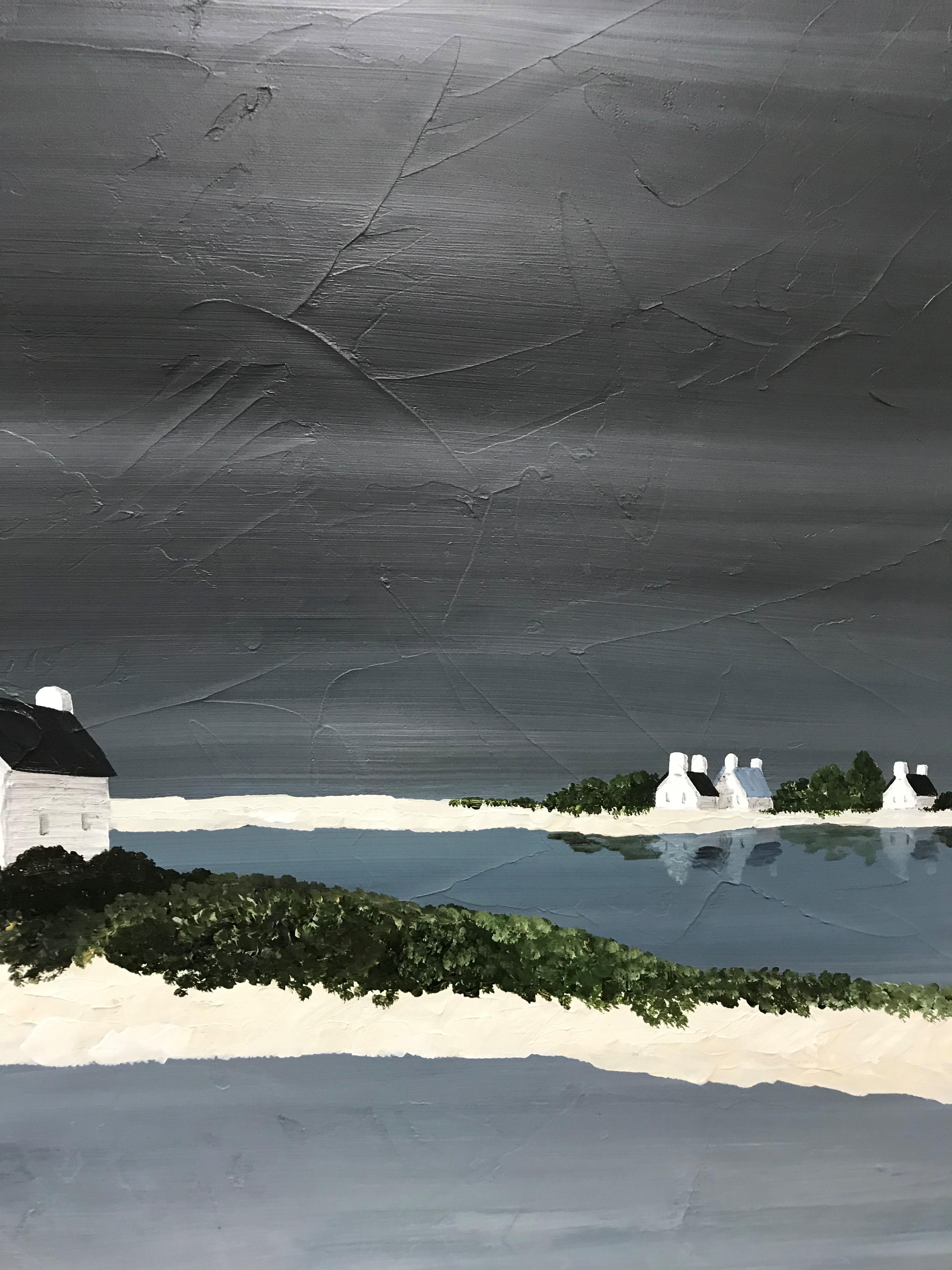 'Peaceful Shores' is a medium size vertical acrylic on canvas seascape painting created by American artist Susan Kinsella in 2018. Featuring a perfectly contrasting palette made of grey, light blue, beige and dark green tones, the painting exudes an