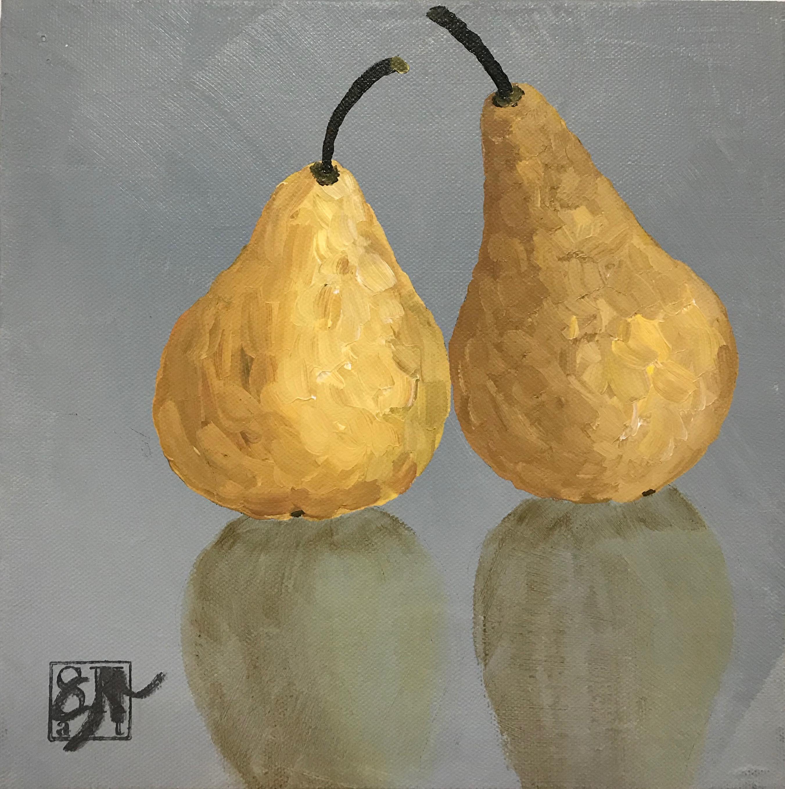 'Pears' is a petite contemporary still-life painting of square format created by American artist Susan Kinsella in 2018. Featuring a lovely palette made of warm yellow, grey and green, the painting captures our attention with its close view of a