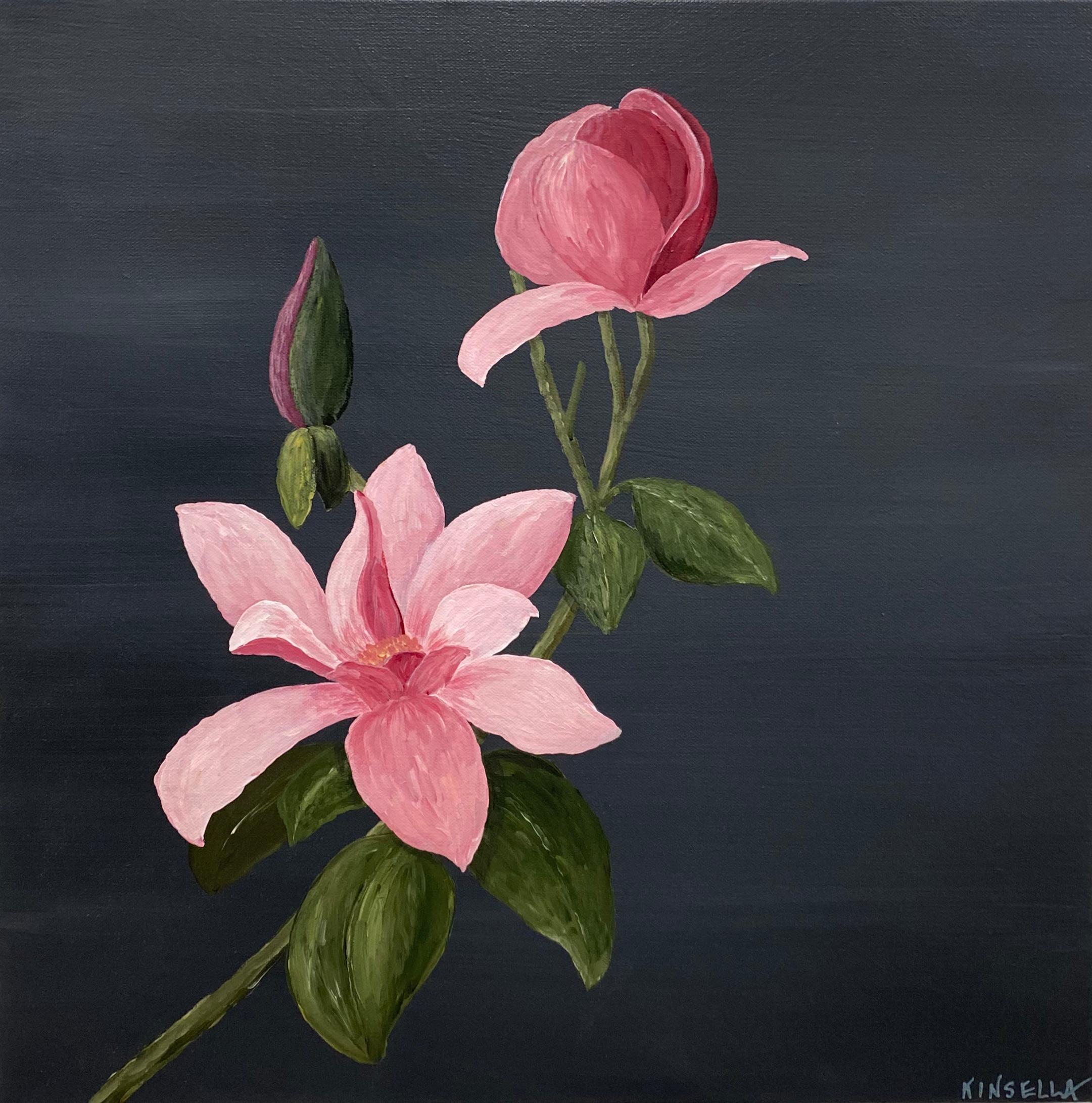 'Pretty in Pink' is a contemporary acrylic on canvas still-life painting created by American artist Susan Kinsella in 2020. Featuring a palette made of pink, gray-blue and green tones, the painting charms us with its minimalist treatment. Depicting